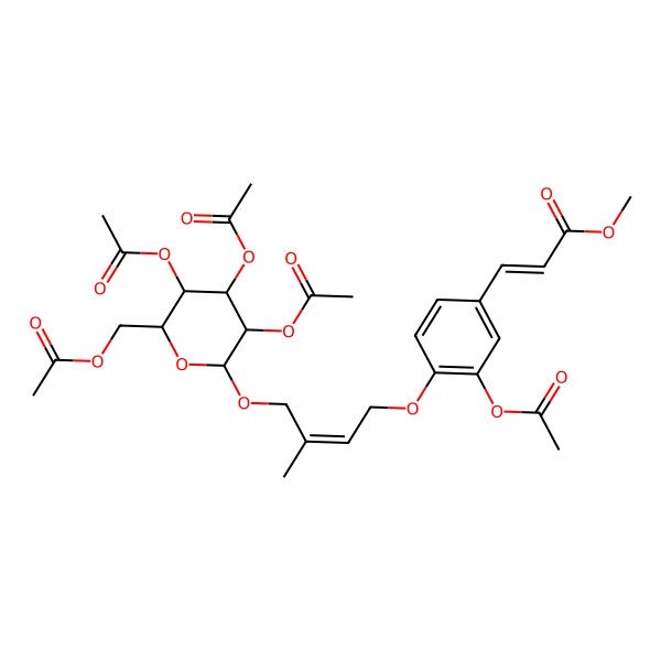2D Structure of Methyl 3-[3-acetyloxy-4-[3-methyl-4-[3,4,5-triacetyloxy-6-(acetyloxymethyl)oxan-2-yl]oxybut-2-enoxy]phenyl]prop-2-enoate