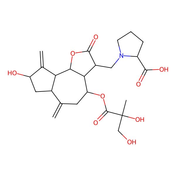 2D Structure of (2S)-1-[[(3R,3aR,4S,6aR,8S,9aR,9bR)-4-[(2R)-2,3-dihydroxy-2-methylpropanoyl]oxy-8-hydroxy-6,9-dimethylidene-2-oxo-3a,4,5,6a,7,8,9a,9b-octahydro-3H-azuleno[4,5-b]furan-3-yl]methyl]pyrrolidine-2-carboxylic acid