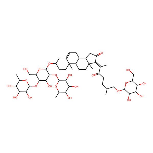 2D Structure of 3-[4-hydroxy-6-(hydroxymethyl)-3,5-bis[(3,4,5-trihydroxy-6-methyloxan-2-yl)oxy]oxan-2-yl]oxy-10,13-dimethyl-17-[6-methyl-3-oxo-7-[3,4,5-trihydroxy-6-(hydroxymethyl)oxan-2-yl]oxyheptan-2-ylidene]-2,3,4,7,8,9,11,12,14,15-decahydro-1H-cyclopenta[a]phenanthren-16-one