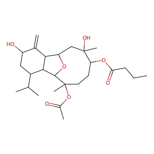 2D Structure of [(1S,2S,3S,5R,7S,8S,10R,11R,14S)-14-acetyloxy-5,10-dihydroxy-10,14-dimethyl-6-methylidene-3-propan-2-yl-15-oxatricyclo[6.6.1.02,7]pentadecan-11-yl] butanoate