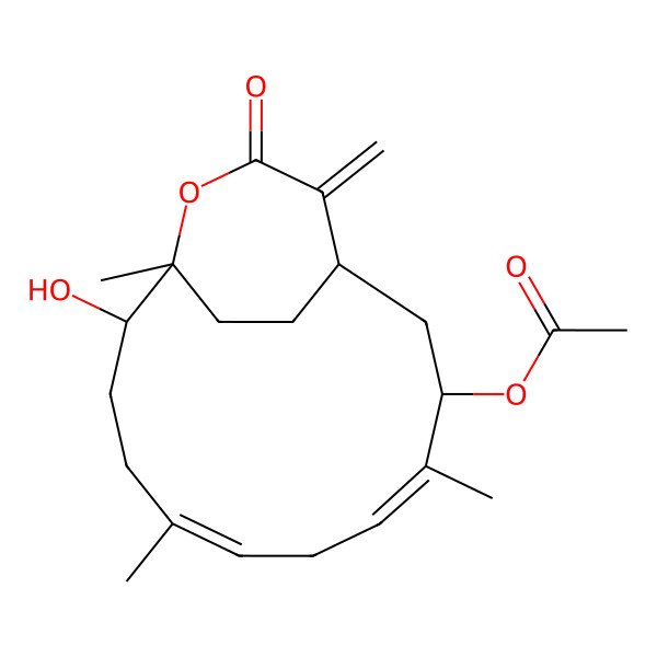 2D Structure of [(1S,3R,4E,7E,11R,12S)-11-hydroxy-4,8,12-trimethyl-15-methylidene-14-oxo-13-oxabicyclo[10.3.2]heptadeca-4,7-dien-3-yl] acetate