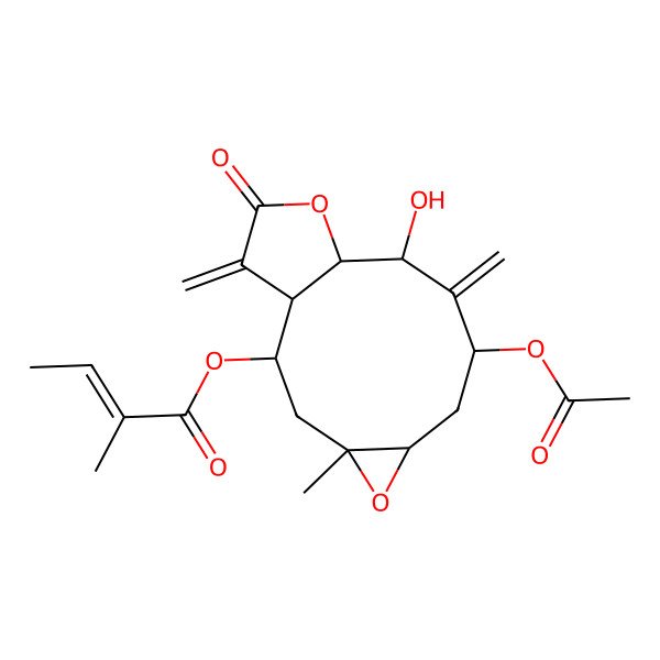 2D Structure of (8-Acetyloxy-10-hydroxy-4-methyl-9,14-dimethylidene-13-oxo-5,12-dioxatricyclo[9.3.0.04,6]tetradecan-2-yl) 2-methylbut-2-enoate