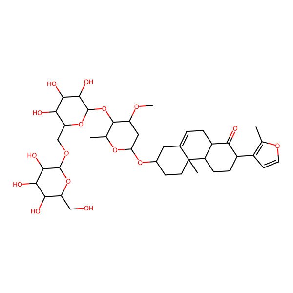 2D Structure of (2R,4aS,4bR,7S,10aR)-7-[(2R,4R,5R,6R)-4-methoxy-6-methyl-5-[(2S,3R,4S,5S,6R)-3,4,5-trihydroxy-6-[[(2R,3R,4S,5S,6R)-3,4,5-trihydroxy-6-(hydroxymethyl)oxan-2-yl]oxymethyl]oxan-2-yl]oxyoxan-2-yl]oxy-4b-methyl-2-(2-methylfuran-3-yl)-2,3,4,4a,5,6,7,8,10,10a-decahydrophenanthren-1-one