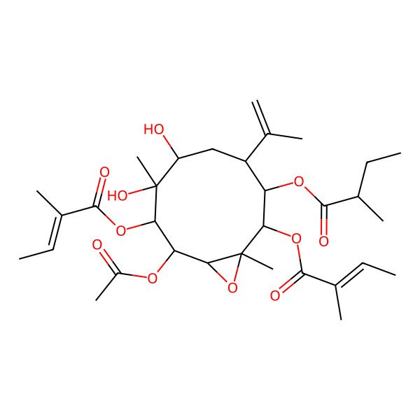2D Structure of [(1S,2S,3S,4R,6R,7S,8S,9S,10S)-9-acetyloxy-6,7-dihydroxy-1,7-dimethyl-2,8-bis[[(Z)-2-methylbut-2-enoyl]oxy]-4-prop-1-en-2-yl-11-oxabicyclo[8.1.0]undecan-3-yl] (2R)-2-methylbutanoate