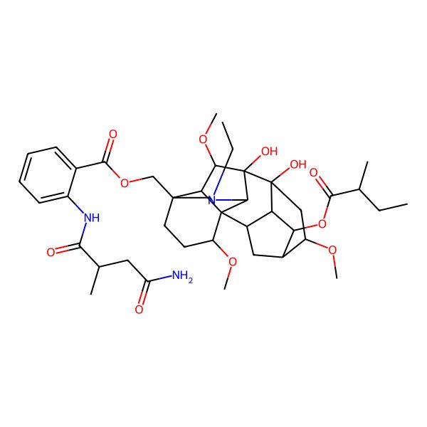 2D Structure of [11-Ethyl-8,9-dihydroxy-6,16,18-trimethoxy-4-(2-methylbutanoyloxy)-11-azahexacyclo[7.7.2.12,5.01,10.03,8.013,17]nonadecan-13-yl]methyl 2-[(4-amino-2-methyl-4-oxobutanoyl)amino]benzoate