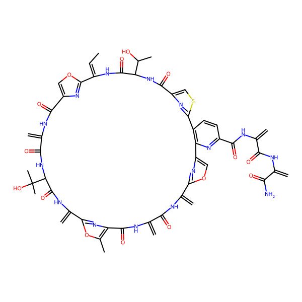 2D Structure of N-[3-[(3-amino-3-oxoprop-1-en-2-yl)amino]-3-oxoprop-1-en-2-yl]-17-ethylidene-14-(1-hydroxyethyl)-27-(2-hydroxypropan-2-yl)-33-methyl-24,30,37,40-tetramethylidene-12,15,22,25,28,35,38-heptaoxo-19,32,42-trioxa-9-thia-3,13,16,23,26,29,36,39,44,45,46,47-dodecazahexacyclo[39.2.1.18,11.118,21.131,34.02,7]heptatetraconta-1(43),2(7),3,5,8(47),10,18(46),20,31(45),33,41(44)-undecaene-4-carboxamide