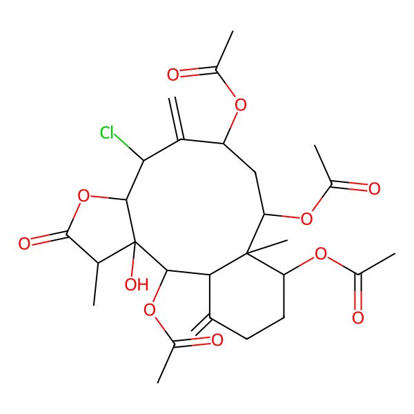 2D Structure of [(1S,2S,3R,4R,7R,8S,10R,12S,13R,14S)-2,10,12-triacetyloxy-8-chloro-3-hydroxy-4,13-dimethyl-9,17-dimethylidene-5-oxo-6-oxatricyclo[11.4.0.03,7]heptadecan-14-yl] acetate