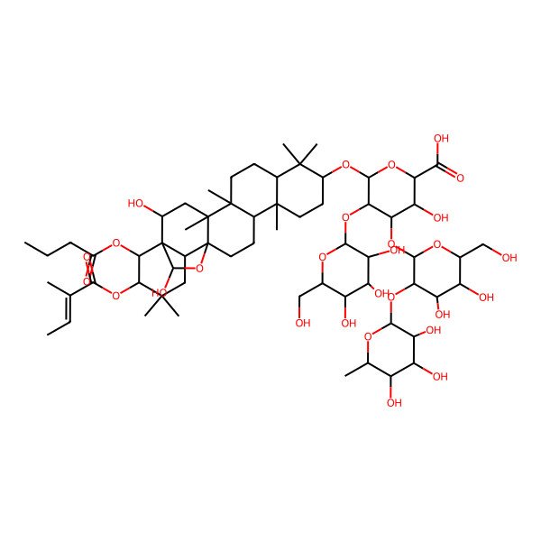 2D Structure of (2S,3S,4S,5R,6R)-6-[[(1R,2R,4S,5R,8R,10S,13R,14R,17S,18R,21R,22R,23S)-22-butanoyloxy-2,23-dihydroxy-4,5,9,9,13,20,20-heptamethyl-21-[(Z)-2-methylbut-2-enoyl]oxy-24-oxahexacyclo[15.5.2.01,18.04,17.05,14.08,13]tetracosan-10-yl]oxy]-4-[(2S,3R,4S,5R,6R)-4,5-dihydroxy-6-(hydroxymethyl)-3-[(2S,3R,4R,5R,6S)-3,4,5-trihydroxy-6-methyloxan-2-yl]oxyoxan-2-yl]oxy-3-hydroxy-5-[(2S,3R,4S,5R,6R)-3,4,5-trihydroxy-6-(hydroxymethyl)oxan-2-yl]oxyoxane-2-carboxylic acid