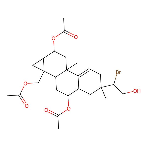 2D Structure of [(1aS,1bS,3R,3aR,5S,7bR,9R,9aR)-3,9-diacetyloxy-5-[(1R)-1-bromo-2-hydroxyethyl]-5,7b-dimethyl-1,1b,2,3,3a,4,6,8,9,9a-decahydrocyclopropa[a]phenanthren-1a-yl]methyl acetate