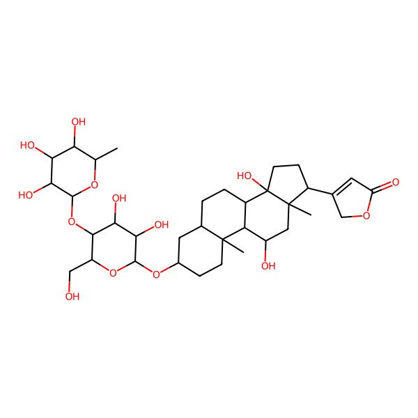 2D Structure of 3-[(3S,5R,8R,9S,10S,11R,13R,14S,17R)-3-[(2R,3R,4R,5S,6R)-3,4-dihydroxy-6-(hydroxymethyl)-5-[(2S,3S,4R,5R,6S)-3,4,5-trihydroxy-6-methyloxan-2-yl]oxyoxan-2-yl]oxy-11,14-dihydroxy-10,13-dimethyl-1,2,3,4,5,6,7,8,9,11,12,15,16,17-tetradecahydrocyclopenta[a]phenanthren-17-yl]-2H-furan-5-one