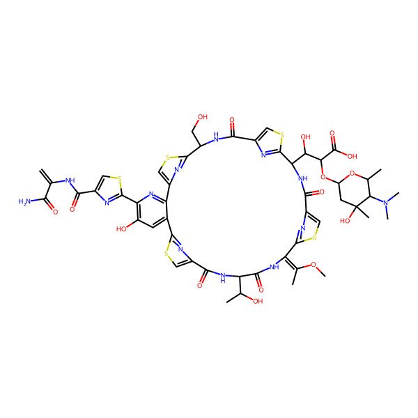 2D Structure of (2S,3S)-3-[(12S,19S,29S)-5-[4-[(3-amino-3-oxoprop-1-en-2-yl)carbamoyl]-1,3-thiazol-2-yl]-4-hydroxy-29-[(1R)-1-hydroxyethyl]-12-(hydroxymethyl)-26-(1-methoxyethylidene)-14,21,28,31-tetraoxo-10,17,24,34-tetrathia-6,13,20,27,30,35,36,37,38-nonazahexacyclo[30.2.1.18,11.115,18.122,25.02,7]octatriaconta-1(35),2,4,6,8,11(38),15,18(37),22,25(36),32-undecaen-19-yl]-2-[(2S,4S,5R,6S)-5-(dimethylamino)-4-hydroxy-4,6-dimethyloxan-2-yl]oxy-3-hydroxypropanoic acid