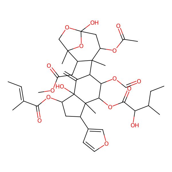 2D Structure of [6-[4-Acetyloxy-6-hydroxy-2-(2-methoxy-2-oxoethyl)-1,3-dimethyl-7,9-dioxabicyclo[4.2.1]nonan-3-yl]-5-formyloxy-3-(furan-3-yl)-7a-hydroxy-3a-methyl-1-(2-methylbut-2-enoyloxy)-7-methylidene-1,2,3,4,5,6-hexahydroinden-4-yl] 2-hydroxy-3-methylpentanoate