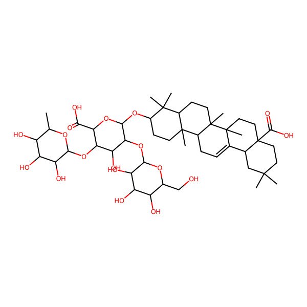 2D Structure of 6-[(8a-Carboxy-4,4,6a,6b,11,11,14b-heptamethyl-1,2,3,4a,5,6,7,8,9,10,12,12a,14,14a-tetradecahydropicen-3-yl)oxy]-4-hydroxy-5-[3,4,5-trihydroxy-6-(hydroxymethyl)oxan-2-yl]oxy-3-(3,4,5-trihydroxy-6-methyloxan-2-yl)oxyoxane-2-carboxylic acid