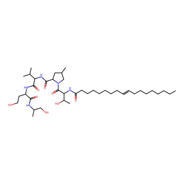 2D Structure of (2S,4R)-N-[(1S)-1-[[(1S)-3-hydroxy-1-[[(1S)-2-hydroxy-1-methyl-ethyl]carbamoyl]propyl]carbamoyl]-2-methyl-propyl]-1-[(2S,3R)-3-hydroxy-2-[[(Z)-octadec-9-enoyl]amino]butanoyl]-4-methyl-pyrrolidine-2-carboxamide