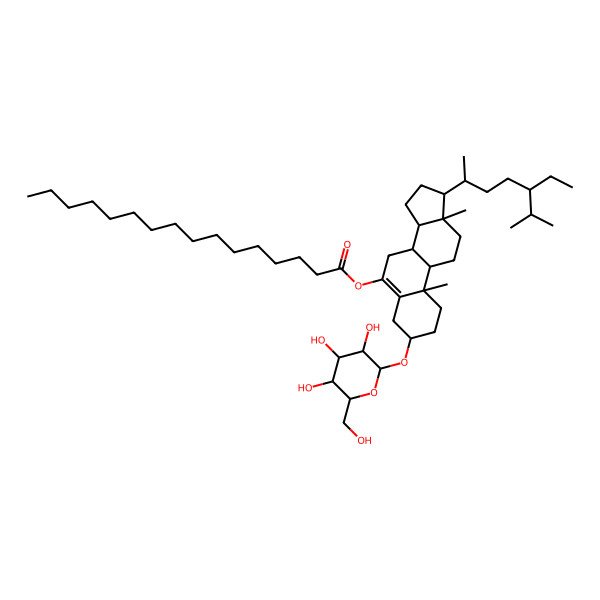 2D Structure of [(3S,8S,9S,10R,13R,14S,17R)-17-[(2R,5R)-5-ethyl-6-methylheptan-2-yl]-10,13-dimethyl-3-[(2R,3R,4S,5S,6R)-3,4,5-trihydroxy-6-(hydroxymethyl)oxan-2-yl]oxy-2,3,4,7,8,9,11,12,14,15,16,17-dodecahydro-1H-cyclopenta[a]phenanthren-6-yl] hexadecanoate