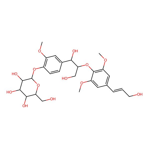 2D Structure of (2S,3R,4S,5S,6R)-2-[4-[(1R,2S)-1,3-dihydroxy-2-[4-[(E)-3-hydroxyprop-1-enyl]-2,6-dimethoxyphenoxy]propyl]-2-methoxyphenoxy]-6-(hydroxymethyl)oxane-3,4,5-triol
