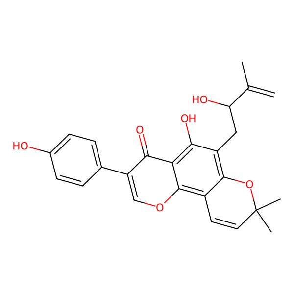 2D Structure of 5-hydroxy-6-[(2S)-2-hydroxy-3-methylbut-3-enyl]-3-(4-hydroxyphenyl)-8,8-dimethylpyrano[2,3-h]chromen-4-one