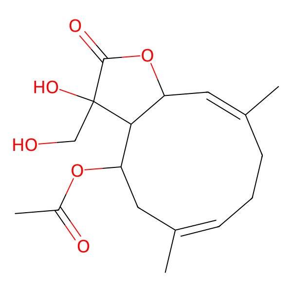 2D Structure of [3-Hydroxy-3-(hydroxymethyl)-6,10-dimethyl-2-oxo-3a,4,5,8,9,11a-hexahydrocyclodeca[b]furan-4-yl] acetate