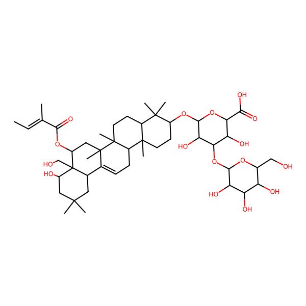 2D Structure of (2S,3S,4S,5R,6R)-6-[[(3S,4aR,6aR,6bS,8S,8aS,9S,12aS,14aR,14bR)-9-hydroxy-8a-(hydroxymethyl)-4,4,6a,6b,11,11,14b-heptamethyl-8-[(E)-2-methylbut-2-enoyl]oxy-1,2,3,4a,5,6,7,8,9,10,12,12a,14,14a-tetradecahydropicen-3-yl]oxy]-3,5-dihydroxy-4-[(2S,3R,4S,5S,6R)-3,4,5-trihydroxy-6-(hydroxymethyl)oxan-2-yl]oxyoxane-2-carboxylic acid