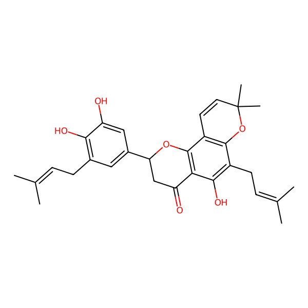 2D Structure of 2-[3,4-Dihydroxy-5-(3-methylbut-2-enyl)phenyl]-5-hydroxy-8,8-dimethyl-6-(3-methylbut-2-enyl)-2,3-dihydropyrano[2,3-h]chromen-4-one