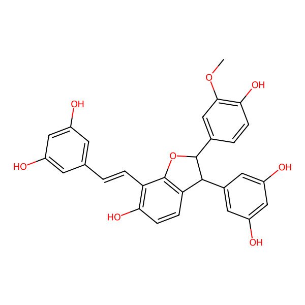 2D Structure of 5-[(E)-2-[(2S,3S)-3-(3,5-dihydroxyphenyl)-6-hydroxy-2-(4-hydroxy-3-methoxyphenyl)-2,3-dihydro-1-benzofuran-7-yl]ethenyl]benzene-1,3-diol