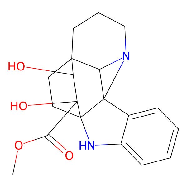 2D Structure of methyl (1S,9R,16S,17S,18R,21R)-17,18-dihydroxy-2,12-diazahexacyclo[14.2.2.19,12.01,9.03,8.016,21]henicosa-3,5,7-triene-18-carboxylate