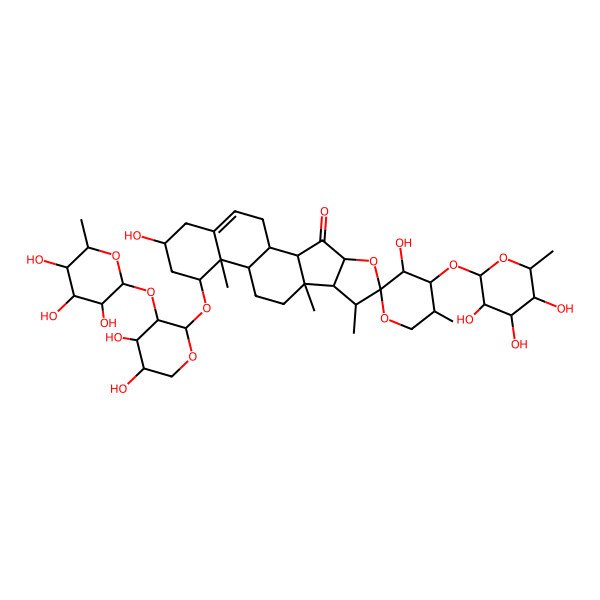 2D Structure of (1R,2S,3'S,4R,4'S,5'S,6S,7S,8R,9R,12S,13R,14R,16R)-14-[(2S,3R,4S,5S)-4,5-dihydroxy-3-[(2S,3R,4R,5R,6S)-3,4,5-trihydroxy-6-methyloxan-2-yl]oxyoxan-2-yl]oxy-3',16-dihydroxy-5',7,9,13-tetramethyl-4'-[(2S,3R,4R,5R,6R)-3,4,5-trihydroxy-6-methyloxan-2-yl]oxyspiro[5-oxapentacyclo[10.8.0.02,9.04,8.013,18]icos-18-ene-6,2'-oxane]-3-one
