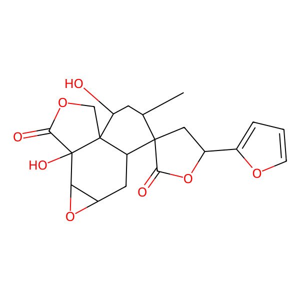 2D Structure of 5'-(Furan-2-yl)-5,14-dihydroxy-12-methylspiro[3,7-dioxatetracyclo[8.4.0.01,5.06,8]tetradecane-11,3'-oxolane]-2',4-dione
