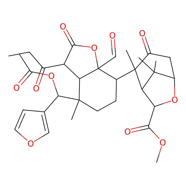 2D Structure of methyl (1S,2S,5S,7S)-2-[(3R,3aR,4R,7R,7aR)-4-[(R)-acetyloxy(furan-3-yl)methyl]-7a-formyl-4-methyl-2-oxo-3-propanoyl-3a,5,6,7-tetrahydro-3H-1-benzofuran-7-yl]-2,8,8-trimethyl-3-oxo-6-oxabicyclo[3.2.1]octane-7-carboxylate
