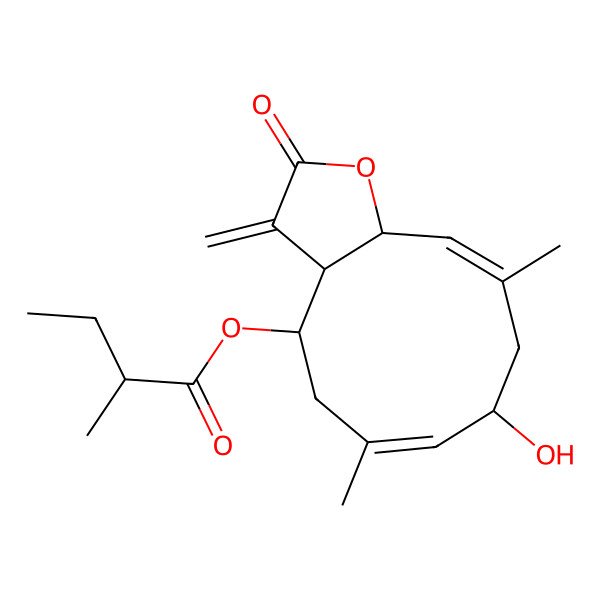 2D Structure of [(3aR,4R,6E,8R,10E,11aR)-8-hydroxy-6,10-dimethyl-3-methylidene-2-oxo-3a,4,5,8,9,11a-hexahydrocyclodeca[b]furan-4-yl] (2R)-2-methylbutanoate