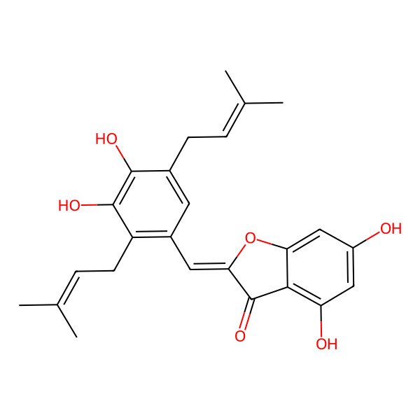 2D Structure of (2Z)-2-[[3,4-dihydroxy-2,5-bis(3-methylbut-2-enyl)phenyl]methylidene]-4,6-dihydroxy-1-benzofuran-3-one