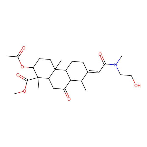 2D Structure of Methyl 2-acetyloxy-7-[2-[2-hydroxyethyl(methyl)amino]-2-oxoethylidene]-1,4a,8-trimethyl-9-oxo-2,3,4,4b,5,6,8,8a,10,10a-decahydrophenanthrene-1-carboxylate