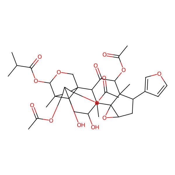 2D Structure of [4,19,21-Triacetyloxy-6-(furan-3-yl)-12,20-dihydroxy-5,11,15-trimethyl-3-oxo-9,17-dioxahexacyclo[13.3.3.01,14.02,11.05,10.08,10]henicosan-16-yl] 2-methylpropanoate