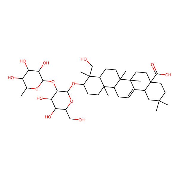 2D Structure of (4aS,6aR,6aS,6bR,8aR,9R,10S,12aR,14bS)-10-[(2R,3R,4S,5S,6R)-4,5-dihydroxy-6-(hydroxymethyl)-3-[(2R,3R,4R,5R,6S)-3,4,5-trihydroxy-6-methyloxan-2-yl]oxyoxan-2-yl]oxy-9-(hydroxymethyl)-2,2,6a,6b,9,12a-hexamethyl-1,3,4,5,6,6a,7,8,8a,10,11,12,13,14b-tetradecahydropicene-4a-carboxylic acid