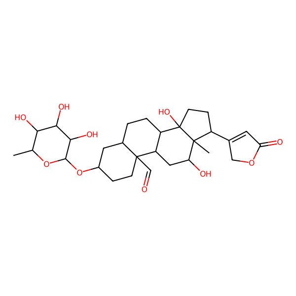 2D Structure of (3S,5R,8R,9S,10R,12R,13S,14S,17R)-12,14-dihydroxy-13-methyl-17-(5-oxo-2H-furan-3-yl)-3-[(2R,3R,4R,5R,6S)-3,4,5-trihydroxy-6-methyloxan-2-yl]oxy-1,2,3,4,5,6,7,8,9,11,12,15,16,17-tetradecahydrocyclopenta[a]phenanthrene-10-carbaldehyde