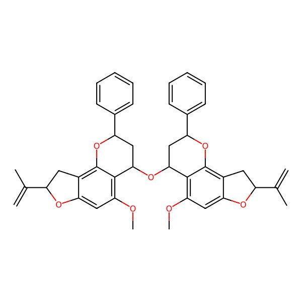 2D Structure of (2S,4S,8S)-5-methoxy-4-[[(2S,4S,8R)-5-methoxy-2-phenyl-8-prop-1-en-2-yl-3,4,8,9-tetrahydro-2H-furo[2,3-h]chromen-4-yl]oxy]-2-phenyl-8-prop-1-en-2-yl-3,4,8,9-tetrahydro-2H-furo[2,3-h]chromene