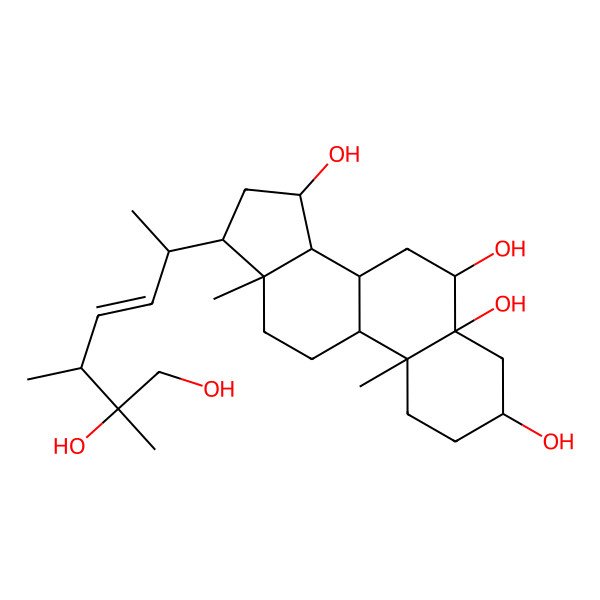 2D Structure of (3S,5R,6R,8R,9S,10R,13R,14S,15S,17R)-17-[(E,2R,5S,6R)-6,7-dihydroxy-5,6-dimethylhept-3-en-2-yl]-10,13-dimethyl-1,2,3,4,6,7,8,9,11,12,14,15,16,17-tetradecahydrocyclopenta[a]phenanthrene-3,5,6,15-tetrol