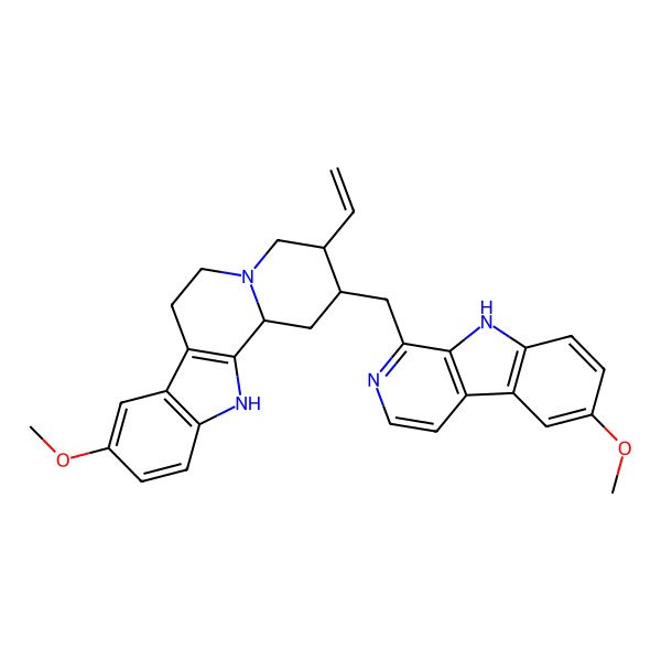 2D Structure of (2R,3R,12bS)-3-ethenyl-9-methoxy-2-[(6-methoxy-9H-pyrido[3,4-b]indol-1-yl)methyl]-1,2,3,4,6,7,12,12b-octahydroindolo[2,3-a]quinolizine
