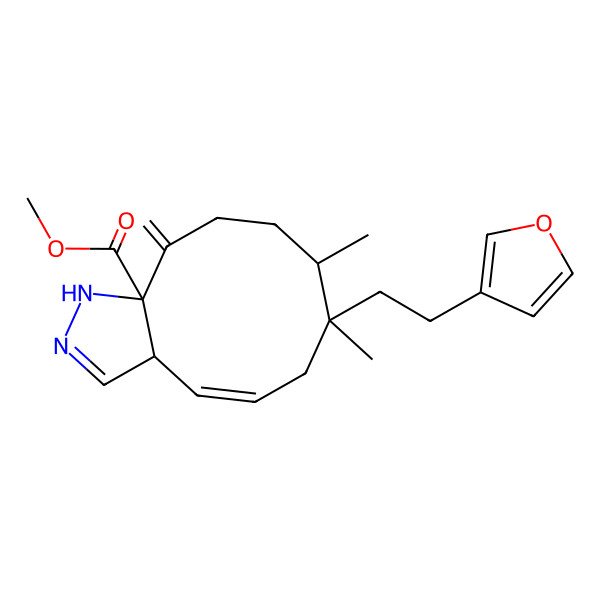 2D Structure of methyl (3aS,4Z,7S,8R,11aS)-7-[2-(furan-3-yl)ethyl]-7,8-dimethyl-11-methylidene-1,3a,6,8,9,10-hexahydrocyclodeca[c]pyrazole-11a-carboxylate