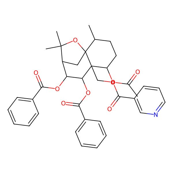 2D Structure of [(1S,2R,5S,6S,7S,8S,9S)-5-acetyloxy-7,8-dibenzoyloxy-2,10,10-trimethyl-11-oxatricyclo[7.2.1.01,6]dodecan-6-yl]methyl pyridine-3-carboxylate