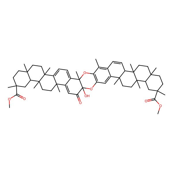 2D Structure of Dimethyl 24-hydroxy-3,8,11,14,17,20,29,32,35,38,41,46-dodecamethyl-23-oxo-2,25-dioxaundecacyclo[24.20.0.03,24.04,21.07,20.08,17.011,16.028,45.029,42.032,41.033,38]hexatetraconta-1(26),4,6,21,27,43,45-heptaene-14,35-dicarboxylate