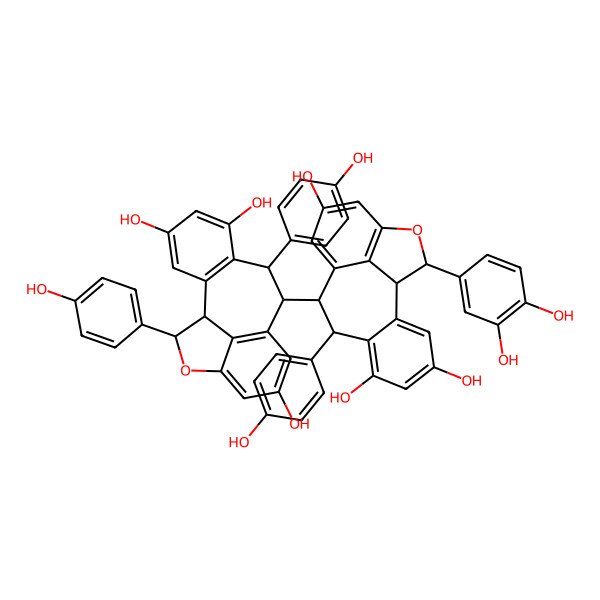 2D Structure of 9-[16-(3,4-Dihydroxyphenyl)-4,6,12-trihydroxy-8-(4-hydroxyphenyl)-15-oxatetracyclo[8.6.1.02,7.014,17]heptadeca-2(7),3,5,10(17),11,13-hexaen-9-yl]-8,16-bis(4-hydroxyphenyl)-15-oxatetracyclo[8.6.1.02,7.014,17]heptadeca-2(7),3,5,10(17),11,13-hexaene-4,6,12-triol