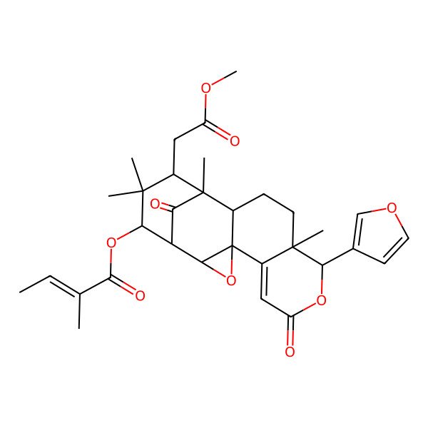 2D Structure of [9-(Furan-3-yl)-15-(2-methoxy-2-oxoethyl)-10,14,16,16-tetramethyl-7,18-dioxo-3,8-dioxapentacyclo[12.3.1.02,4.04,13.05,10]octadec-5-en-17-yl] 2-methylbut-2-enoate