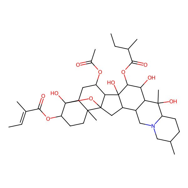 2D Structure of [16-Acetyloxy-10,12,14,23-tetrahydroxy-6,10,19-trimethyl-22-(2-methylbut-2-enoyloxy)-24-oxa-4-azaheptacyclo[12.12.0.02,11.04,9.015,25.018,23.019,25]hexacosan-13-yl] 2-methylbutanoate