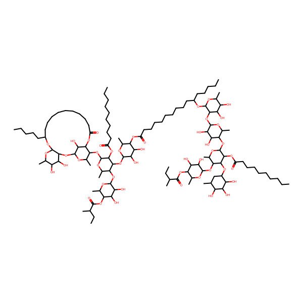 2D Structure of [(2S,3R,4S,5R,6S)-6-[(2S,3S,4R,5R,6S)-5-decanoyloxy-3-[(2S,3R,4S,5S,6S)-3,4-dihydroxy-6-methyl-5-[(2R)-2-methylbutanoyl]oxyoxan-2-yl]oxy-2-methyl-6-[[(1S,3R,4S,5R,6R,8R,10S,22S,23S,24S,26R)-4,5,26-trihydroxy-6,24-dimethyl-20-oxo-10-pentyl-2,7,9,21,25-pentaoxatricyclo[20.3.1.03,8]hexacosan-23-yl]oxy]oxan-4-yl]oxy-4,5-dihydroxy-2-methyloxan-3-yl] (11S)-11-[(2R,3R,4S,5R,6R)-3-[(2S,3R,4S,5R,6S)-5-[(2S,3R,4R,5S,6S)-3-decanoyloxy-5-[(2S,3R,4S,5R,6S)-3,4-dihydroxy-6-methyl-5-[(2R)-2-methylbutanoyl]oxyoxan-2-yl]oxy-6-methyl-4-[(1R,2R,3R,4S,5R)-2,3,4-trihydroxy-5-methylcyclohexyl]oxyoxan-2-yl]oxy-3,4-dihydroxy-6-methyloxan-2-yl]oxy-4,5-dihydroxy-6-methyloxan-2-yl]oxyhexadecanoate