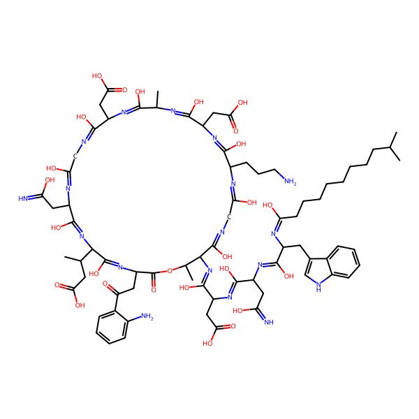 2D Structure of 4-[[3-[2-(2-aminophenyl)-2-oxoethyl]-24-(3-aminopropyl)-15,21-bis(carboxymethyl)-6-(1-carboxypropan-2-yl)-5,8,11,14,17,20,23,26,29-nonahydroxy-9-(2-hydroxy-2-iminoethyl)-18,31-dimethyl-2-oxo-1-oxa-4,7,10,13,16,19,22,25,28-nonazacyclohentriaconta-4,7,10,13,16,19,22,25,28-nonaen-30-yl]imino]-3-[[1,4-dihydroxy-2-[[1-hydroxy-2-[(1-hydroxy-10-methylundecylidene)amino]-3-(1H-indol-3-yl)propylidene]amino]-4-iminobutylidene]amino]-4-hydroxybutanoic acid