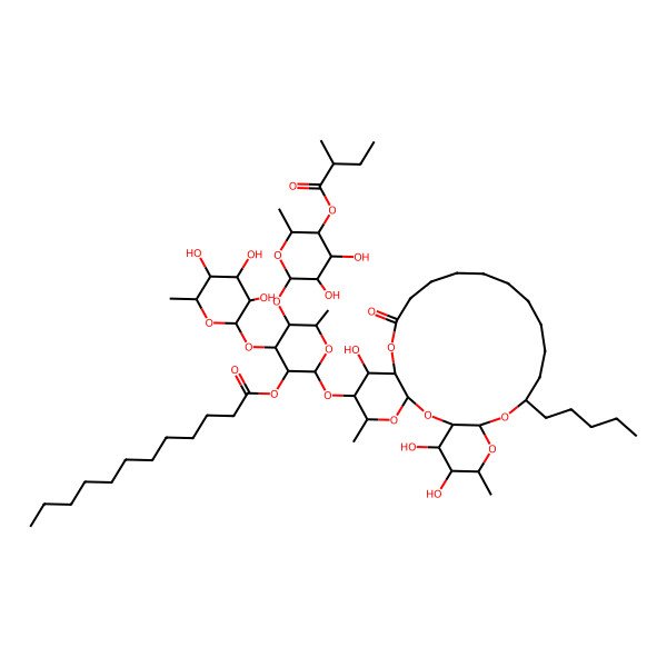 2D Structure of [(2S,3R,4R,5S,6S)-5-[(2S,3R,4S,5R,6S)-3,4-dihydroxy-6-methyl-5-[(2S)-2-methylbutanoyl]oxyoxan-2-yl]oxy-6-methyl-2-[[(1R,3S,5S,6R,7R,8R,20S,22R,24R,25R,26S)-7,25,26-trihydroxy-5,24-dimethyl-10-oxo-20-pentyl-2,4,9,21,23-pentaoxatricyclo[20.4.0.03,8]hexacosan-6-yl]oxy]-4-[(2S,3R,4R,5R,6S)-3,4,5-trihydroxy-6-methyloxan-2-yl]oxyoxan-3-yl] dodecanoate