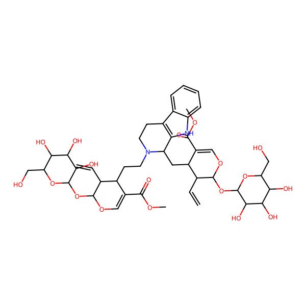 2D Structure of methyl (2S,3R,4S)-3-ethenyl-4-[2-[(1R)-1-[[(2S,3R,4S)-3-ethenyl-5-methoxycarbonyl-2-[(2R,3S,4R,5R,6S)-3,4,5-trihydroxy-6-(hydroxymethyl)oxan-2-yl]oxy-3,4-dihydro-2H-pyran-4-yl]methyl]-1,3,4,9-tetrahydropyrido[3,4-b]indol-2-yl]ethyl]-2-[(2R,3S,4R,5R,6S)-3,4,5-trihydroxy-6-(hydroxymethyl)oxan-2-yl]oxy-3,4-dihydro-2H-pyran-5-carboxylate