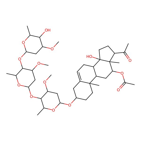 2D Structure of [17-Acetyl-14-hydroxy-3-[5-[5-(5-hydroxy-4-methoxy-6-methyloxan-2-yl)oxy-4-methoxy-6-methyloxan-2-yl]oxy-4-methoxy-6-methyloxan-2-yl]oxy-10,13-dimethyl-1,2,3,4,7,8,9,11,12,15,16,17-dodecahydrocyclopenta[a]phenanthren-12-yl] acetate