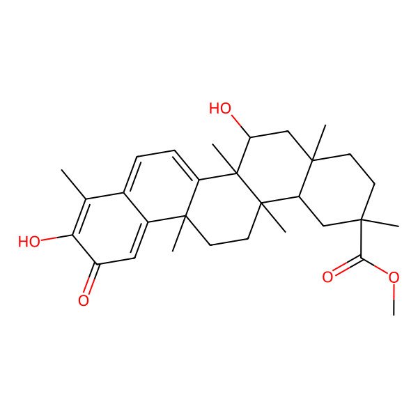 2D Structure of methyl (2R,4aR,6S,6aS,6aS,14aS,14bR)-6,10-dihydroxy-2,4a,6a,6a,9,14a-hexamethyl-11-oxo-1,3,4,5,6,13,14,14b-octahydropicene-2-carboxylate